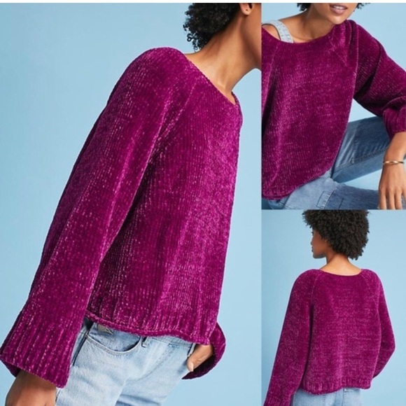 Anthropologie Moth Magenta Chenille Sweater Size Medium FLAWED Cozy Knit - Picture 1 of 7